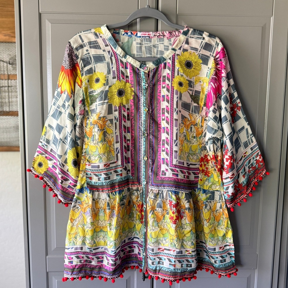 Johnny Was Womens Theda Silk Floral Pom Pom 3/4 Sleeve Blouse Top, Multicolor,XL